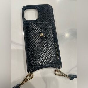 Bandolier 12/12pro Black Textured Leather Crossbody Phone Case Gold Hardware